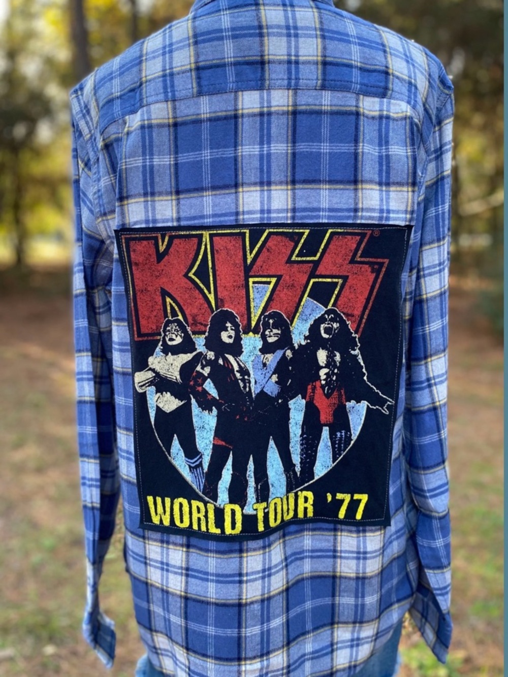 Upcycled Kiss Blue Plaid Long-Sleeve Button-Down Shirt with Graphic Back Patch